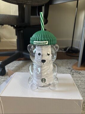Starbucks Clear Bear Tumbler with Green Stripe Straw